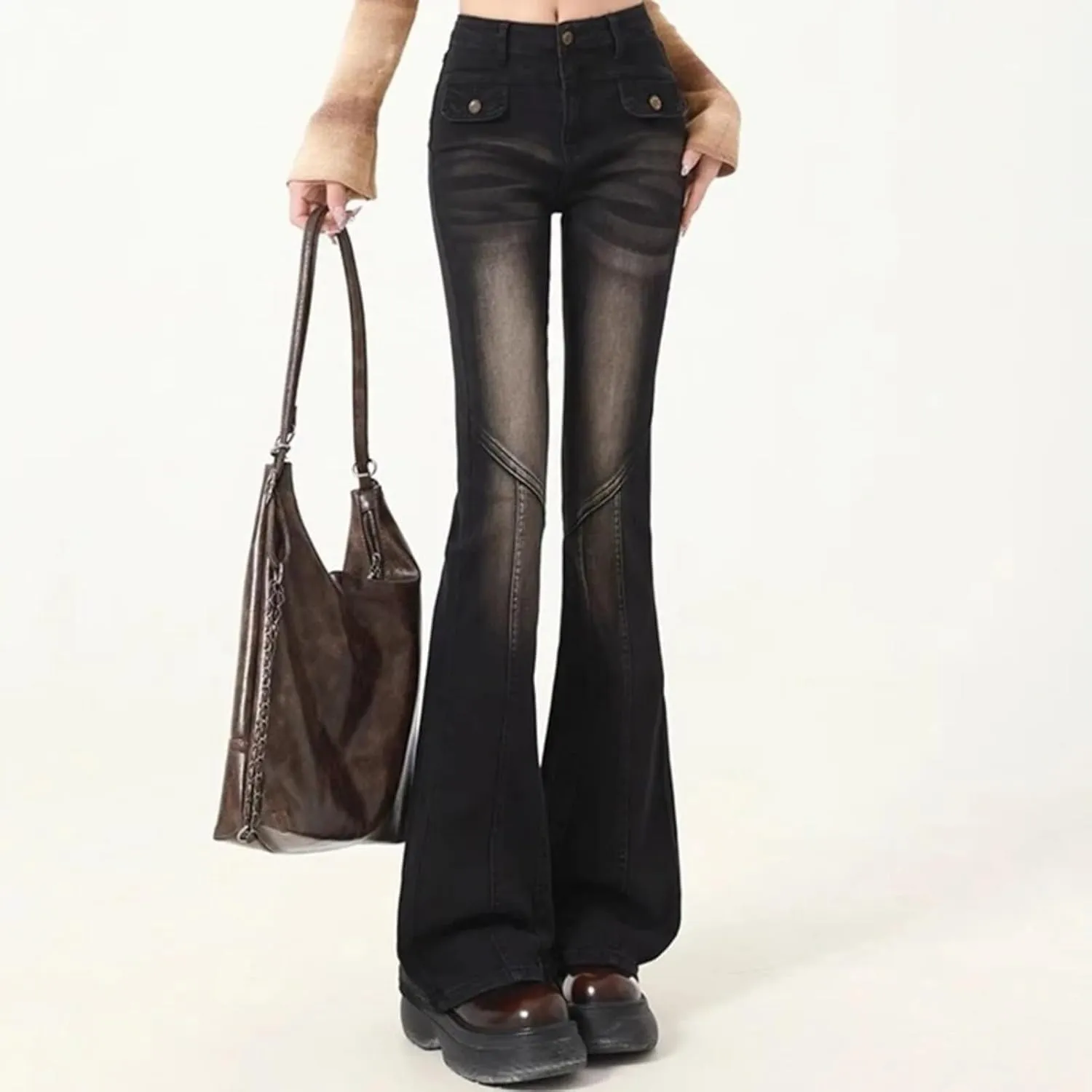 Women High Waist Elastic Spliced Wide Leg Jeans Vintage Slim Fit Flare Pants Blue Black Grey Denim Trousers Big Size