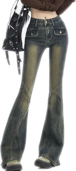 Women High Waist Elastic Spliced Wide Leg Jeans Vintage Slim Fit Flare Pants Blue Black Grey Denim Trousers Big Size