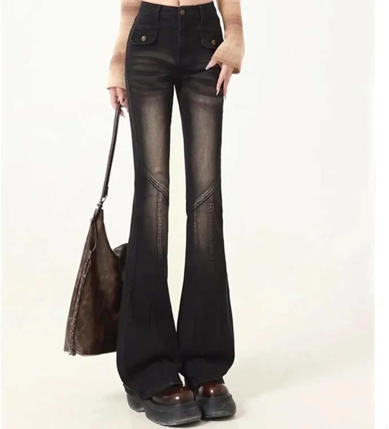 Women High Waist Elastic Spliced Wide Leg Jeans Vintage Slim Fit Flare Pants Blue Black Grey Denim Trousers Big Size