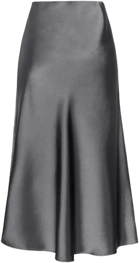 Women High Waist Satin Midi Skirt Side Split Slim Patchwork Casual Streetwear Skirt