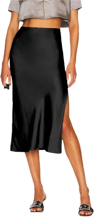 Women High Waist Satin Midi Skirt Side Split Slim Patchwork Casual Streetwear Skirt