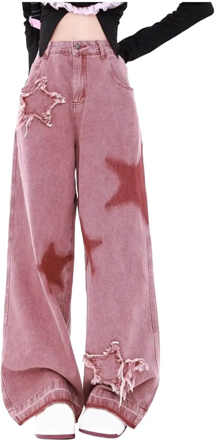 Women Jeans Stretchy High Waist Trendy Stars Embroidery Print Denim Pant Fall Casual Vacation Wide Leg Jean Trousers