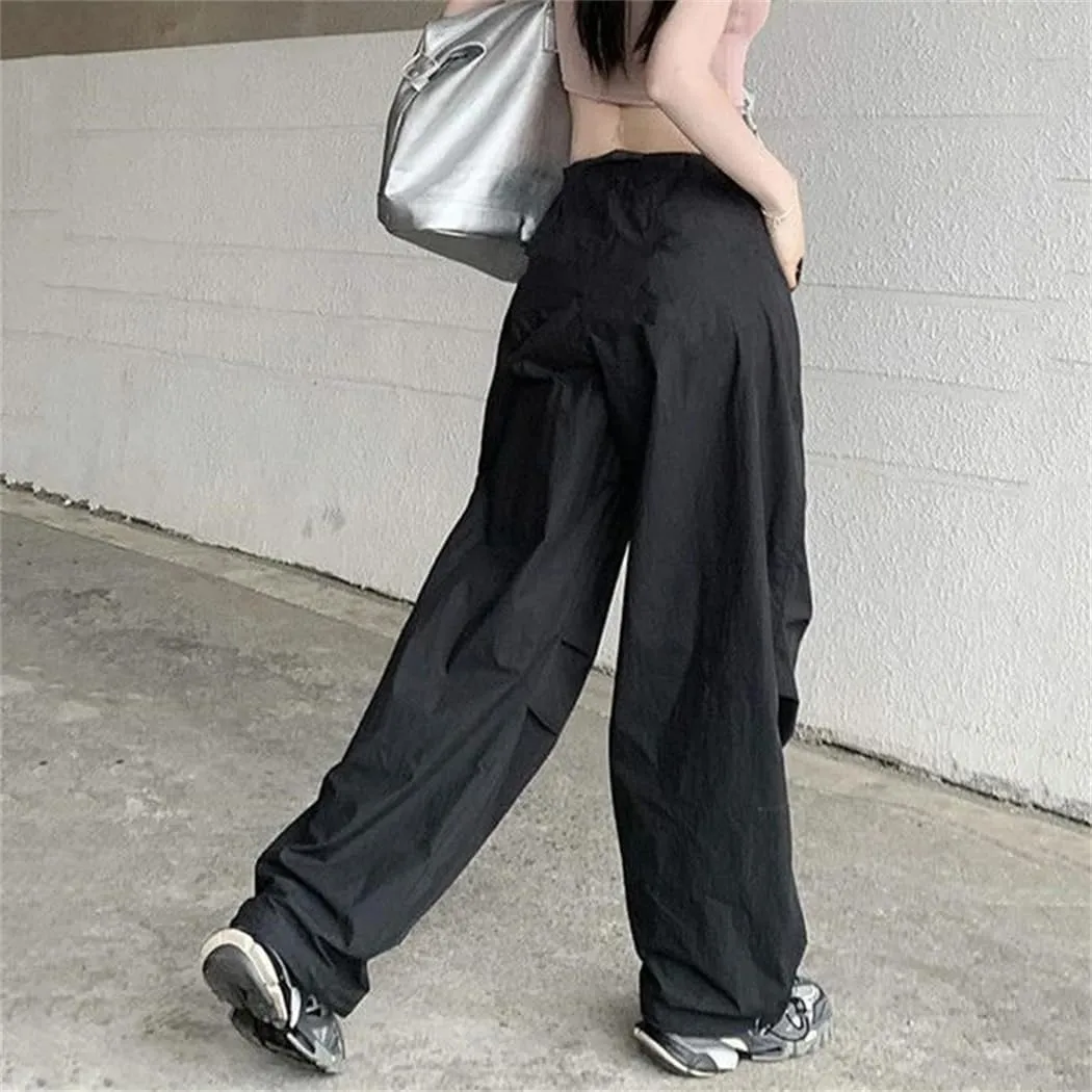 Women Korean High Waist Streetwear Cargo Pants Fashion Drawstring Wide Leg Sweatpants Trousers