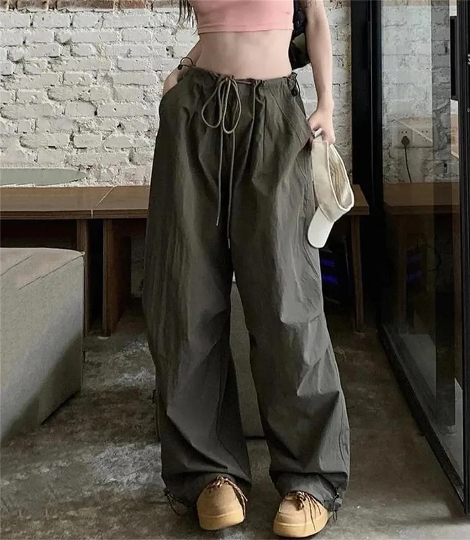 Women Korean High Waist Streetwear Cargo Pants Fashion Drawstring Wide Leg Sweatpants Trousers