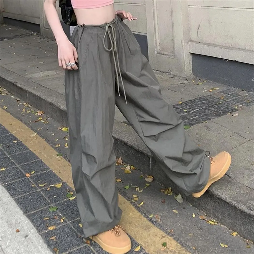 Women Korean High Waist Streetwear Cargo Pants Fashion Drawstring Wide Leg Sweatpants Trousers