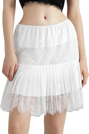 Women Lace Slip Skirts Y2k Tiered Layered Pleated Ruffle Mini Skirts Floral Lace Short Underskirts Streetwear