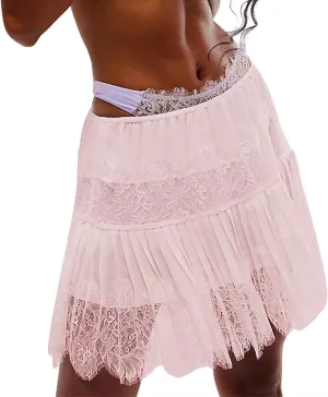 Women Lace Slip Skirts Y2k Tiered Layered Pleated Ruffle Mini Skirts Floral Lace Short Underskirts Streetwear