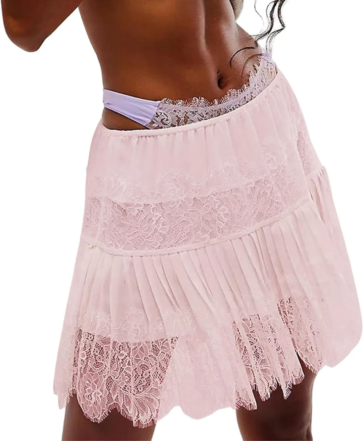Women Lace Slip Skirts Y2k Tiered Layered Pleated Ruffle Mini Skirts Floral Lace Short Underskirts Streetwear