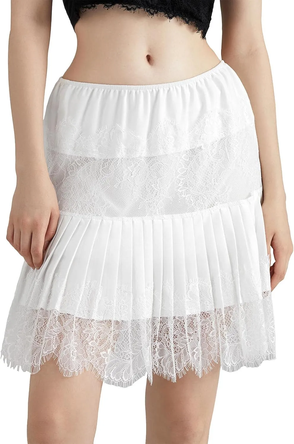 Women Lace Slip Skirts Y2k Tiered Layered Pleated Ruffle Mini Skirts Floral Lace Short Underskirts Streetwear