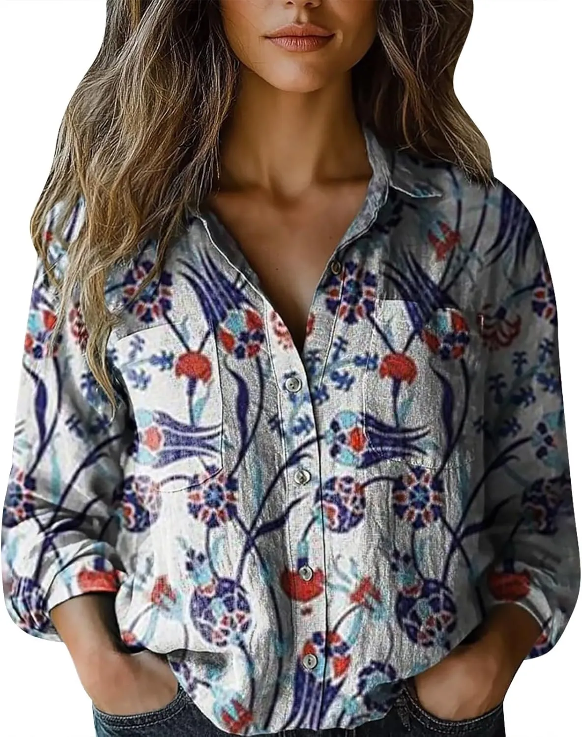 Women Linen Shirts Autumn and Winter Work Daily Long Sleeved Slim Light Blue Shirt Top Women Blouses Linen Blouses