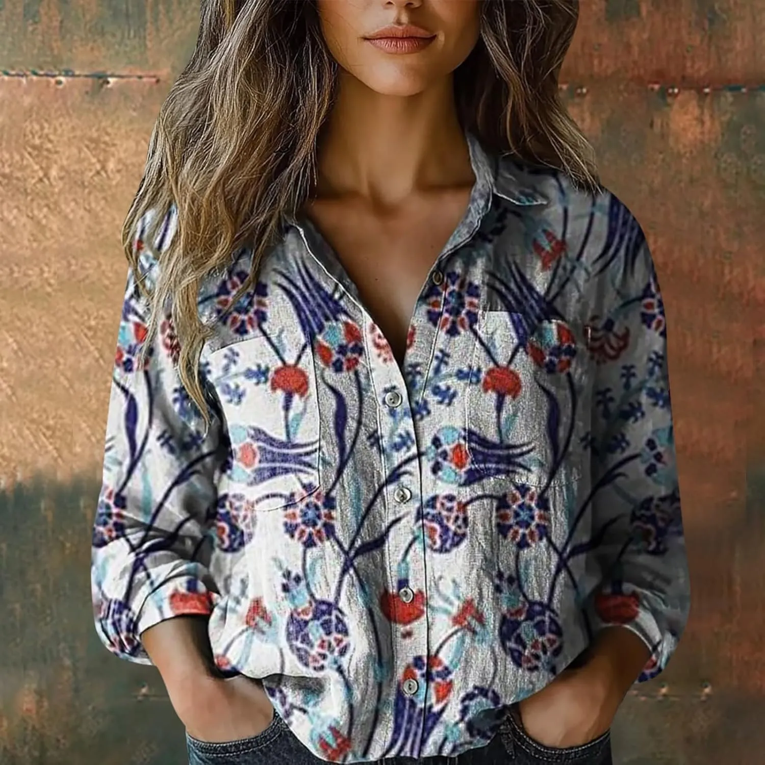 Women Linen Shirts Autumn and Winter Work Daily Long Sleeved Slim Light Blue Shirt Top Women Blouses Linen Blouses