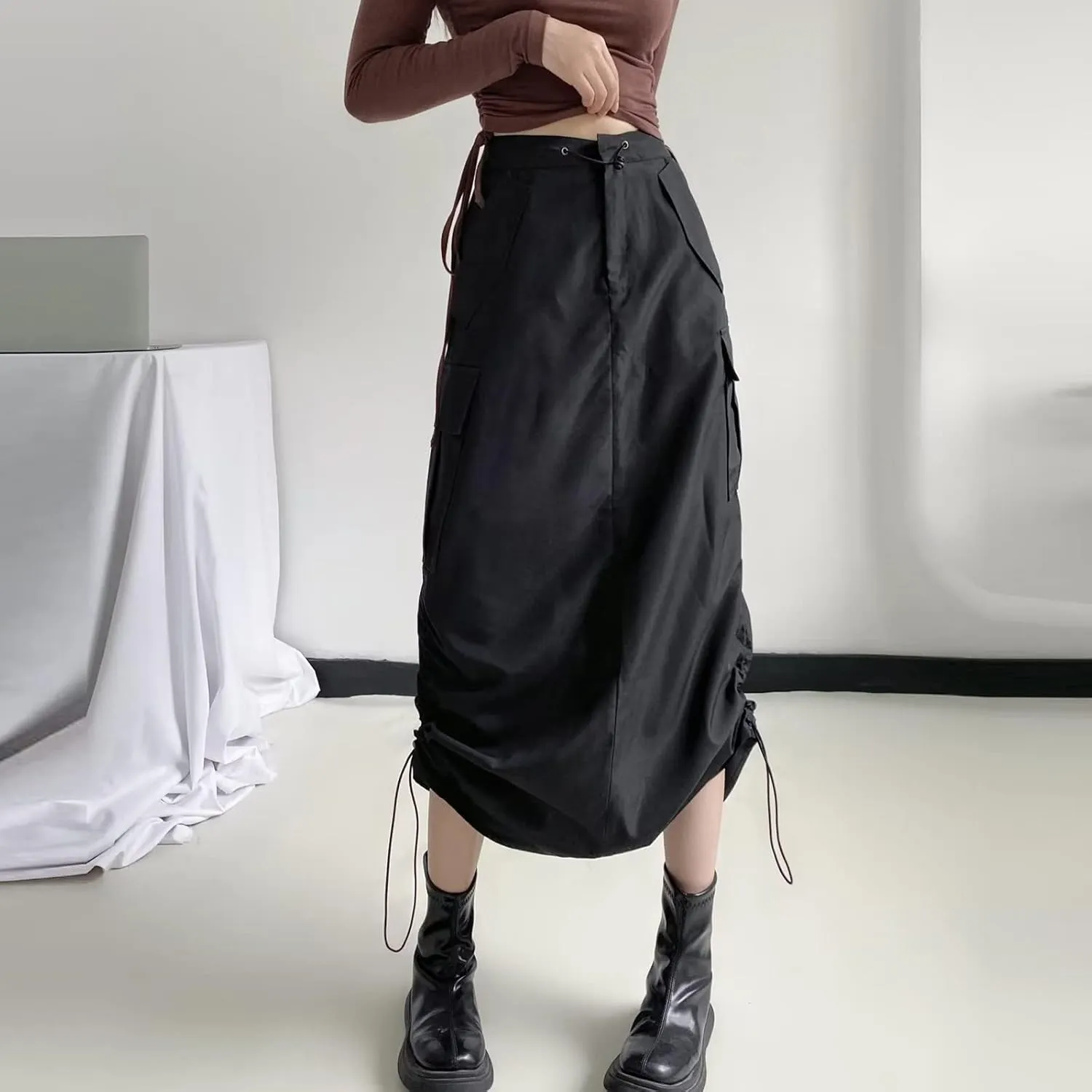 Women Long Cargo Skirt Long Cargo Skirts for Women Drawstring High Waist Maxi Cargo Skirt with Pockets Tennis