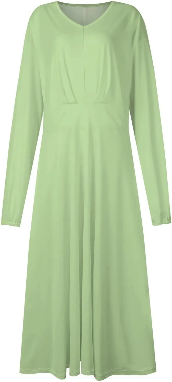 Women Midi Dress Casual 2025 A-Line High Waist V Neck Ruffle Belted Boho Dresses Long Sleeve Pleated Flowy Dressy Dresses