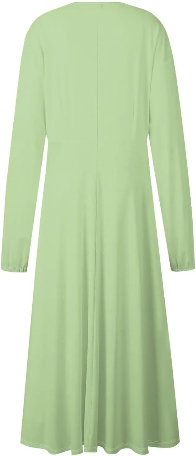 Women Midi Dress Casual 2025 A-Line High Waist V Neck Ruffle Belted Boho Dresses Long Sleeve Pleated Flowy Dressy Dresses