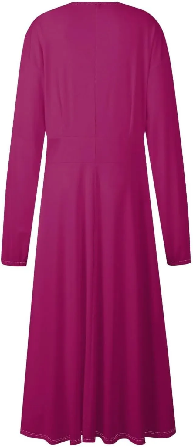 Women Midi Dress Casual 2025 A-Line High Waist V Neck Ruffle Belted Boho Dresses Long Sleeve Pleated Flowy Dressy Dresses