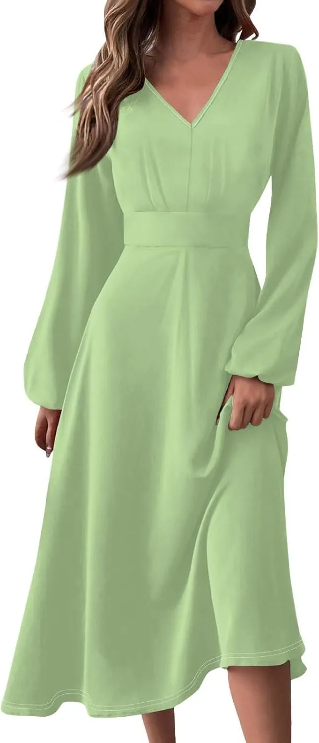 Women Midi Dress Casual 2025 A-Line High Waist V Neck Ruffle Belted Boho Dresses Long Sleeve Pleated Flowy Dressy Dresses