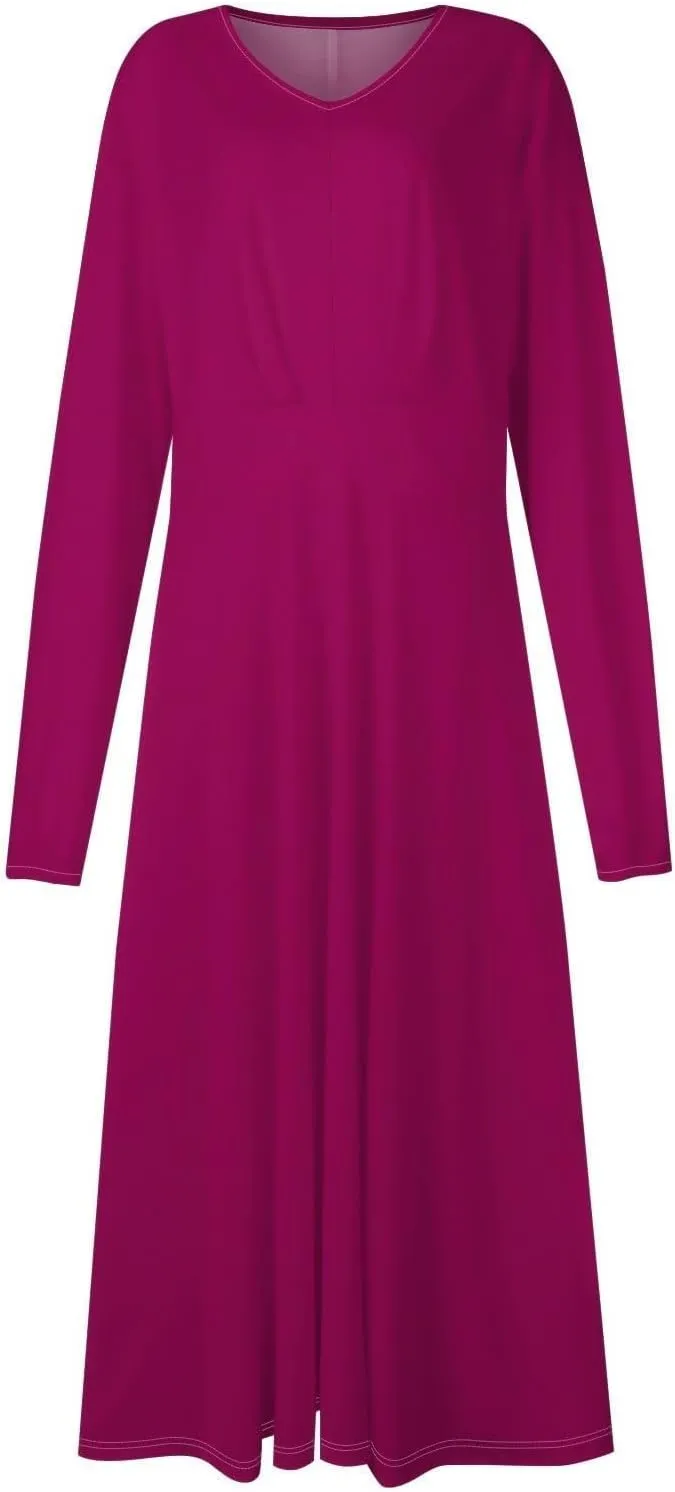 Women Midi Dress Casual 2025 A-Line High Waist V Neck Ruffle Belted Boho Dresses Long Sleeve Pleated Flowy Dressy Dresses