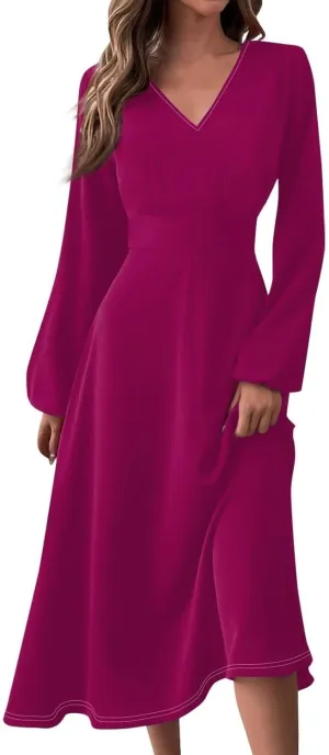 Women Midi Dress Casual 2025 A-Line High Waist V Neck Ruffle Belted Boho Dresses Long Sleeve Pleated Flowy Dressy Dresses