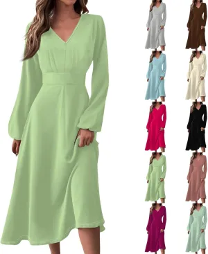 Women Midi Dress Casual 2025 A-Line High Waist V Neck Ruffle Belted Boho Dresses Long Sleeve Pleated Flowy Dressy Dresses