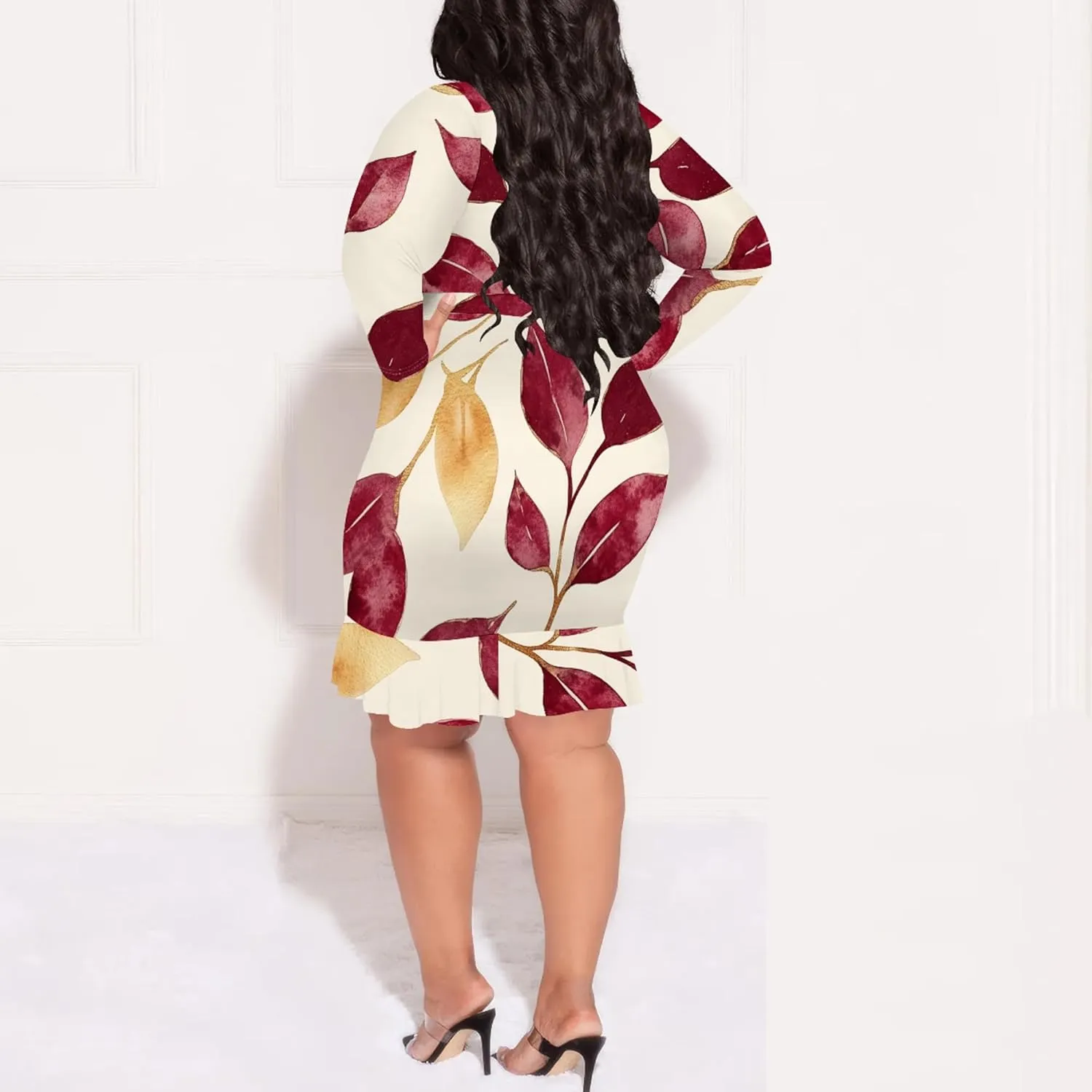 Women Midi Dress Long Sleeves Floral Printed Cocktail Party Club T Shirt Sundress Curvy Wrap Sexy Dresses High Waiste