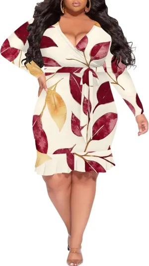 Women Midi Dress Long Sleeves Floral Printed Cocktail Party Club T Shirt Sundress Curvy Wrap Sexy Dresses High Waiste