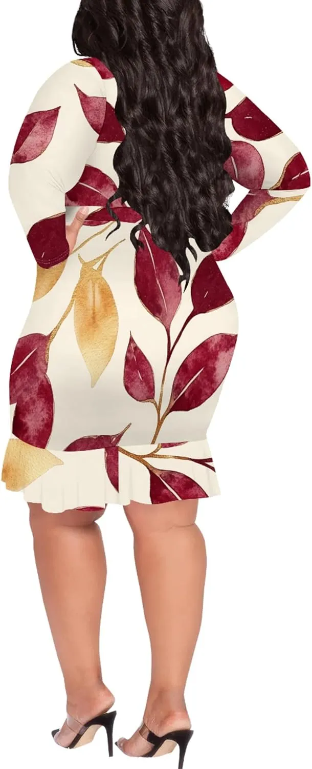 Women Midi Dress Long Sleeves Floral Printed Cocktail Party Club T Shirt Sundress Curvy Wrap Sexy Dresses High Waiste