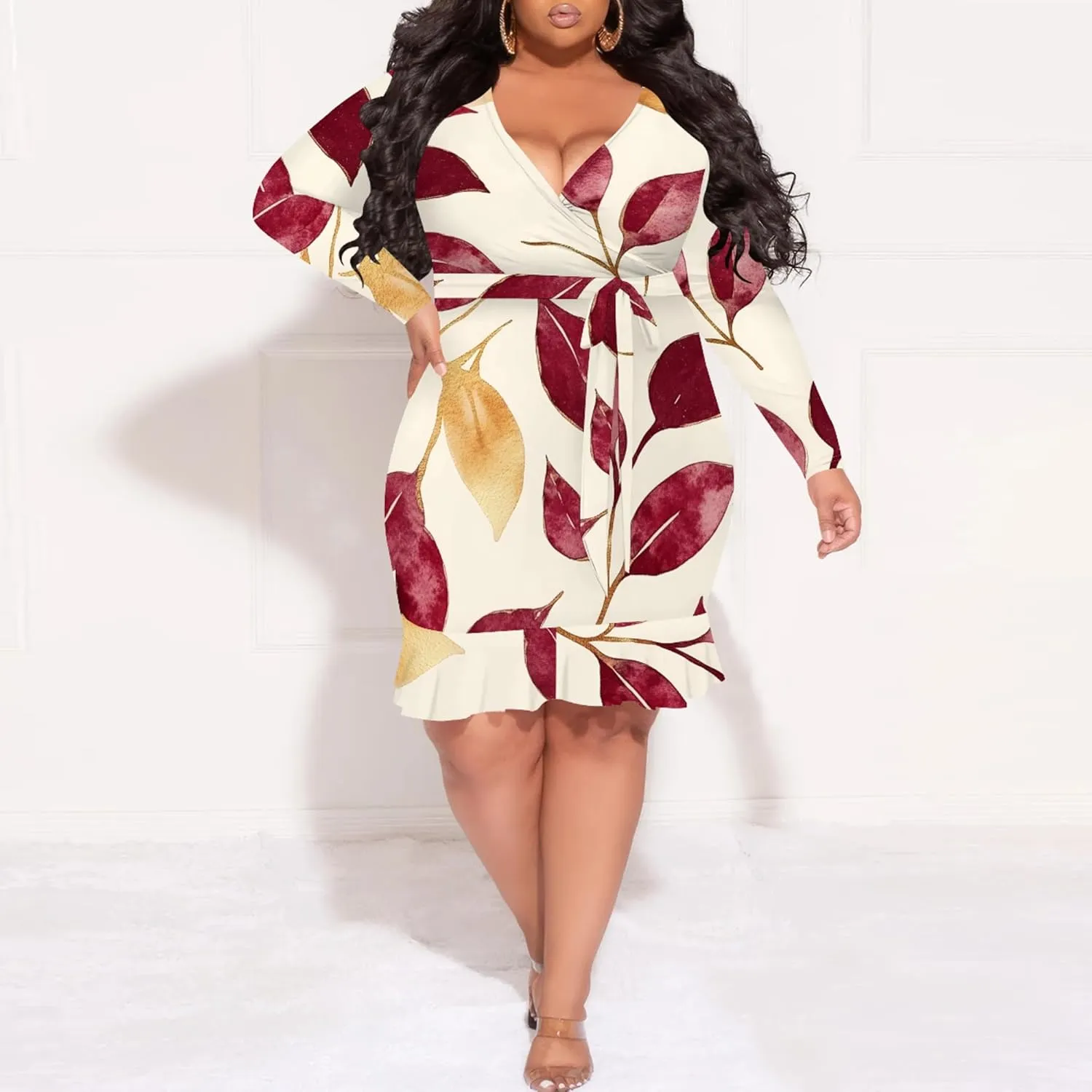 Women Midi Dress Long Sleeves Floral Printed Cocktail Party Club T Shirt Sundress Curvy Wrap Sexy Dresses High Waiste