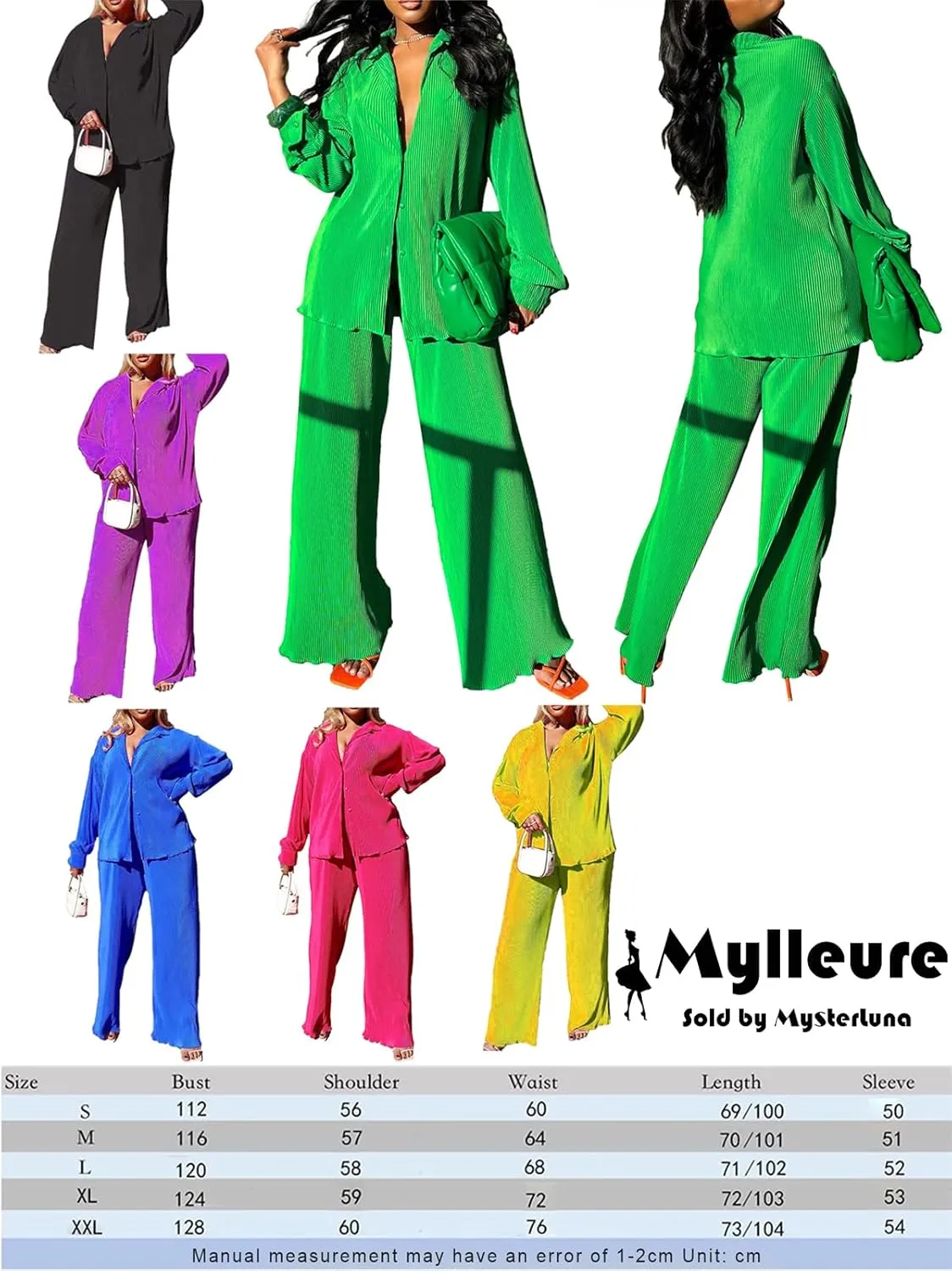 Women Pleated 2 Piece Pants Set Casual Loose Long Sleeve Button Down Shirt High Waist Wide Leg Trousers Loungewear