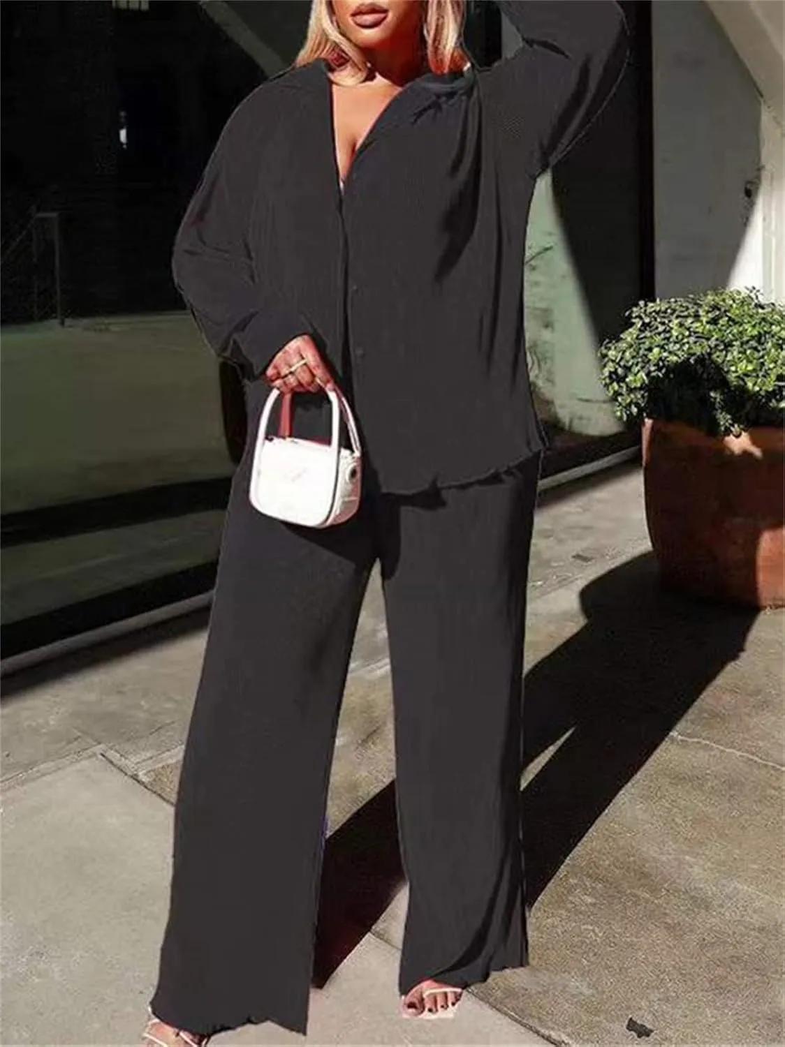 Women Pleated 2 Piece Pants Set Casual Loose Long Sleeve Button Down Shirt High Waist Wide Leg Trousers Loungewear