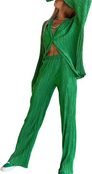Women Pleated 2 Piece Pants Set Casual Loose Long Sleeve Button Down Shirt High Waist Wide Leg Trousers Loungewear