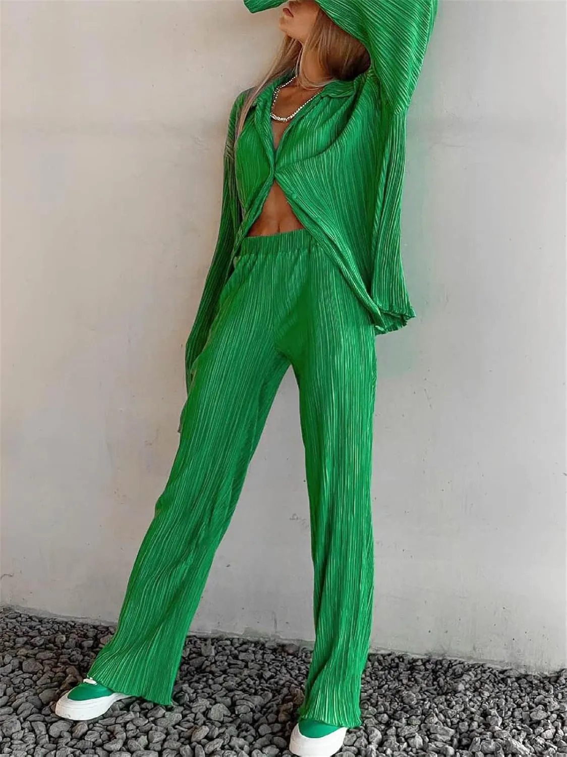 Women Pleated 2 Piece Pants Set Casual Loose Long Sleeve Button Down Shirt High Waist Wide Leg Trousers Loungewear