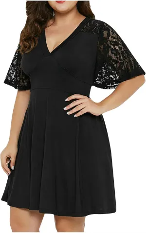 Women Plus Size Lace Cocktail Dresses Summer Wrap V Neck Short Sleeve Patchwork Flowy A Line Wedding Guest Midi Dress
