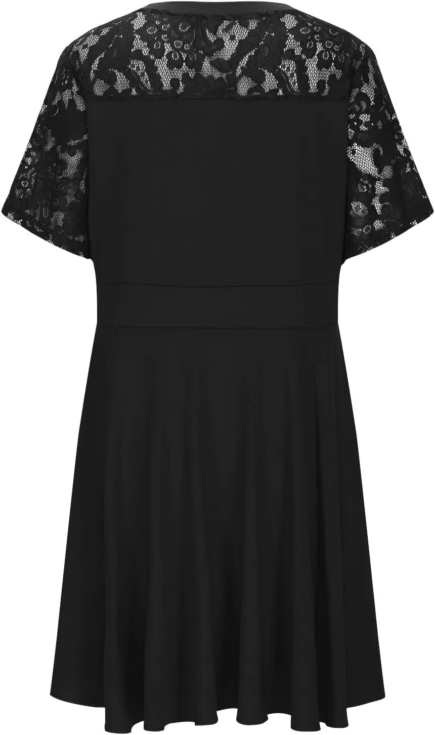Women Plus Size Lace Cocktail Dresses Summer Wrap V Neck Short Sleeve Patchwork Flowy A Line Wedding Guest Midi Dress