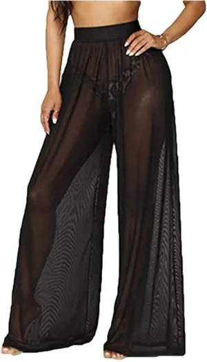 Women Sexy See Through Sheer Mesh Loose Bottoms, Swimsuit Bikini Cover Up, High Waist Wide Leg Pant