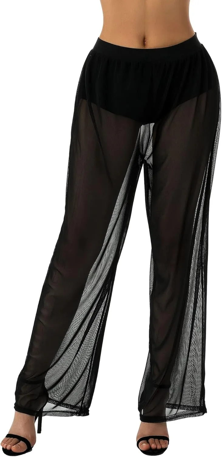 Women Sexy See Through Sheer Mesh Loose Bottoms, Swimsuit Bikini Cover Up, High Waist Wide Leg Pant