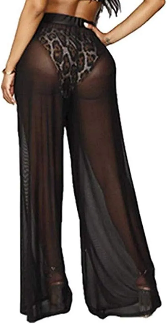Women Sexy See Through Sheer Mesh Loose Bottoms, Swimsuit Bikini Cover Up, High Waist Wide Leg Pant