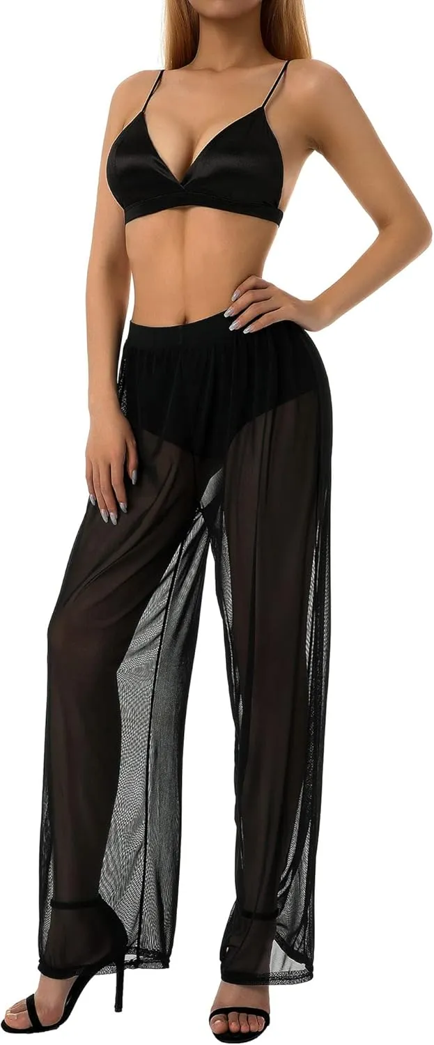 Women Sexy See Through Sheer Mesh Loose Bottoms, Swimsuit Bikini Cover Up, High Waist Wide Leg Pant