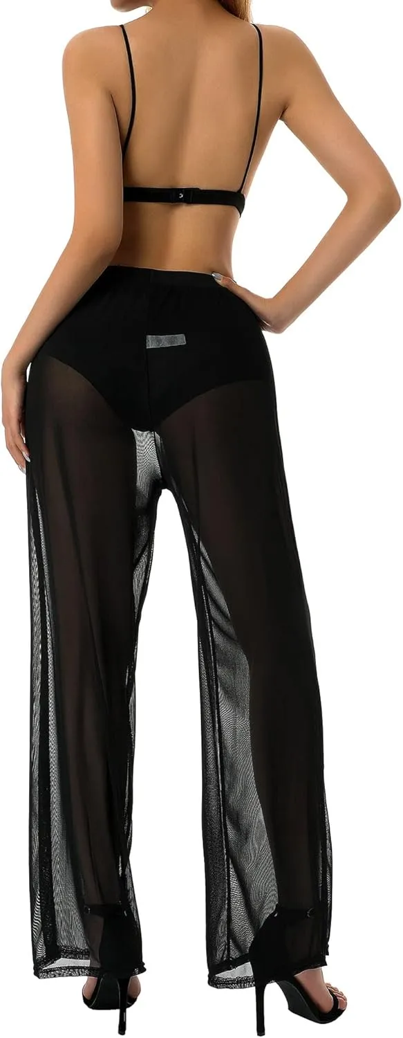 Women Sexy See Through Sheer Mesh Loose Bottoms, Swimsuit Bikini Cover Up, High Waist Wide Leg Pant