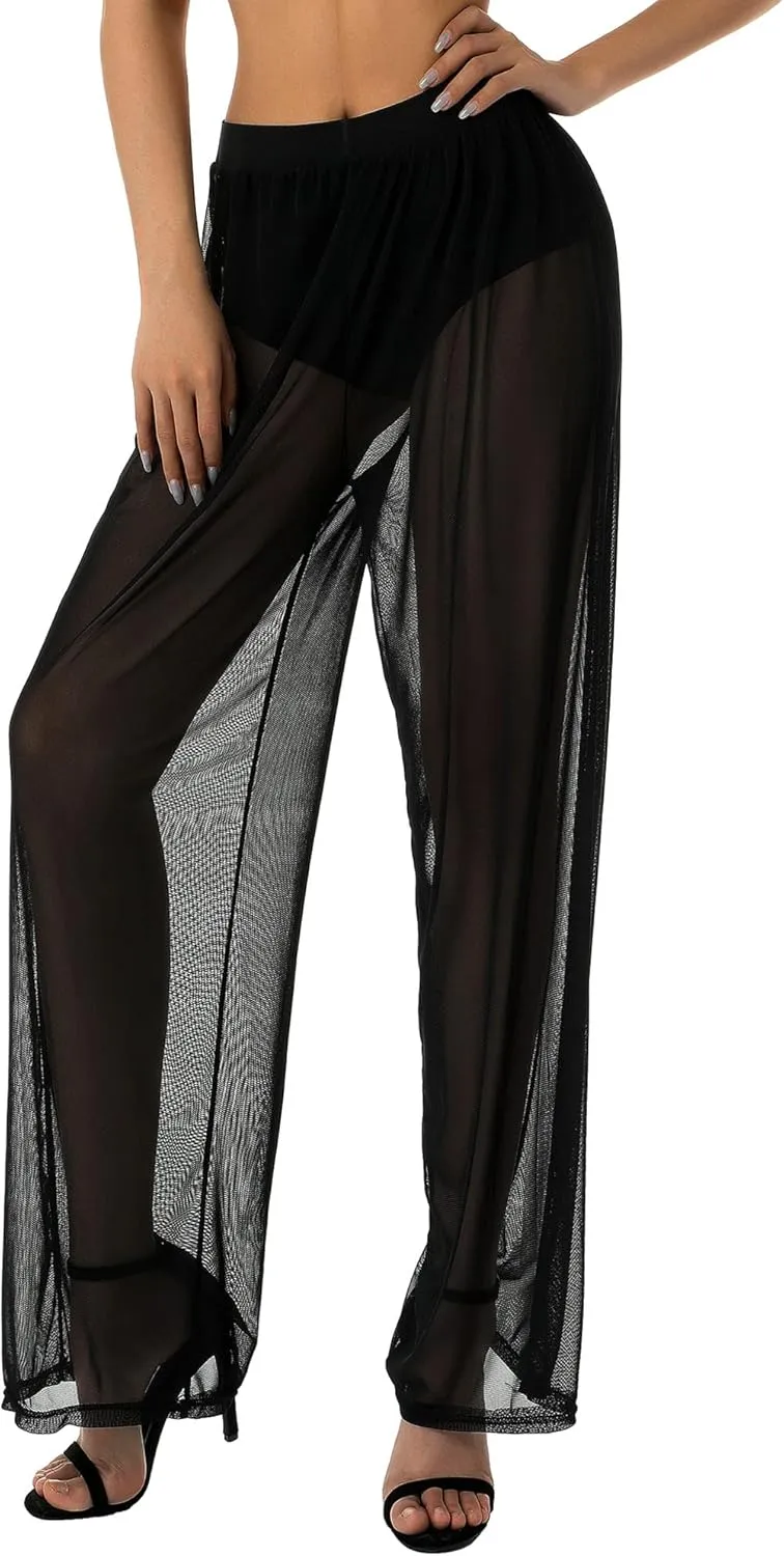 Women Sexy See Through Sheer Mesh Loose Bottoms, Swimsuit Bikini Cover Up, High Waist Wide Leg Pant