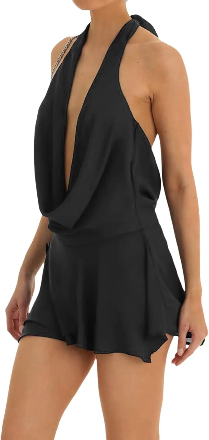 Women Sleeveless Halterneck Dress Summer Cutout Backless Ruched Bodycon Party Dress for Club Streetwear