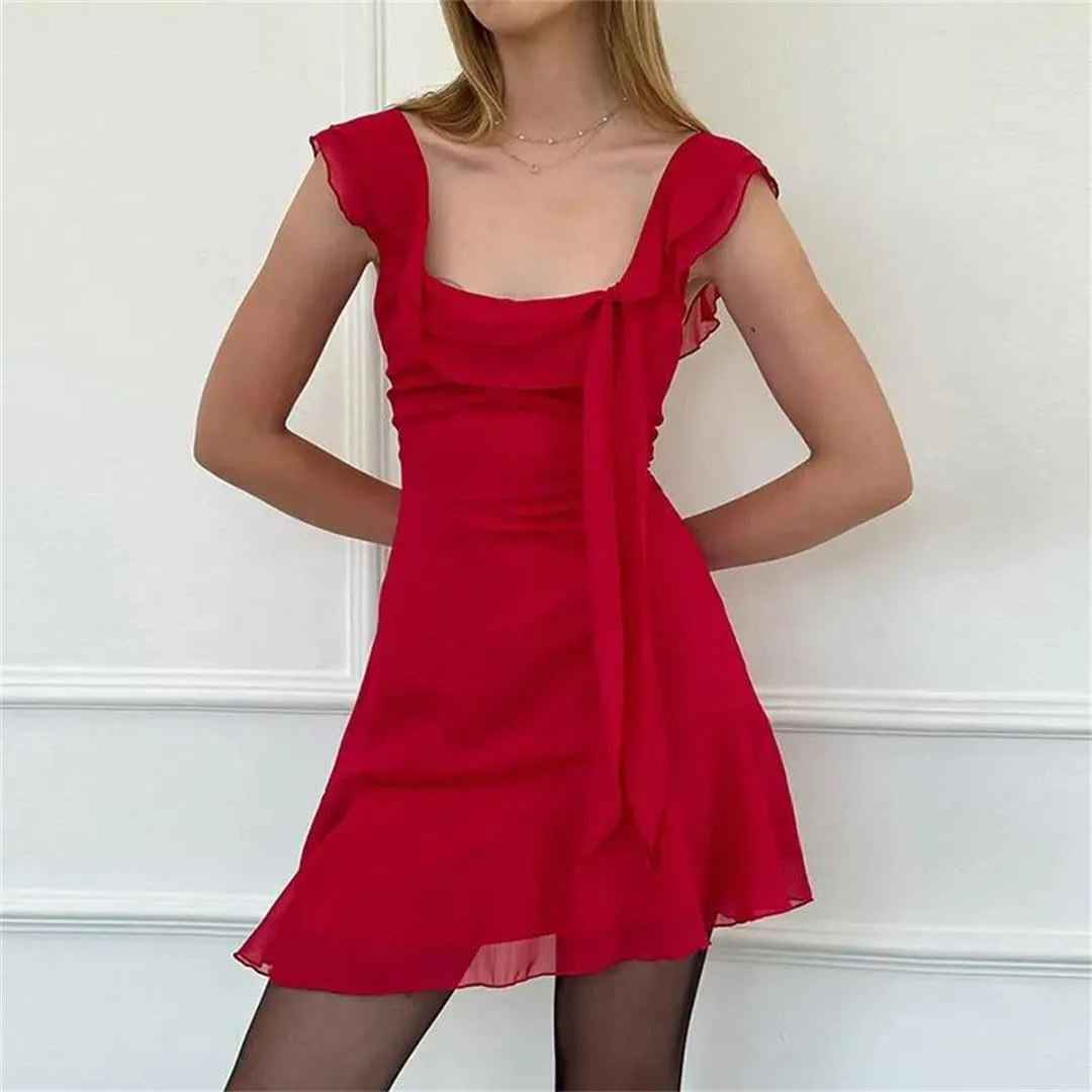 Women Square Collar Sleeveless Ruffles Mini Dress Party Beachwear Party Streetwear Clothing