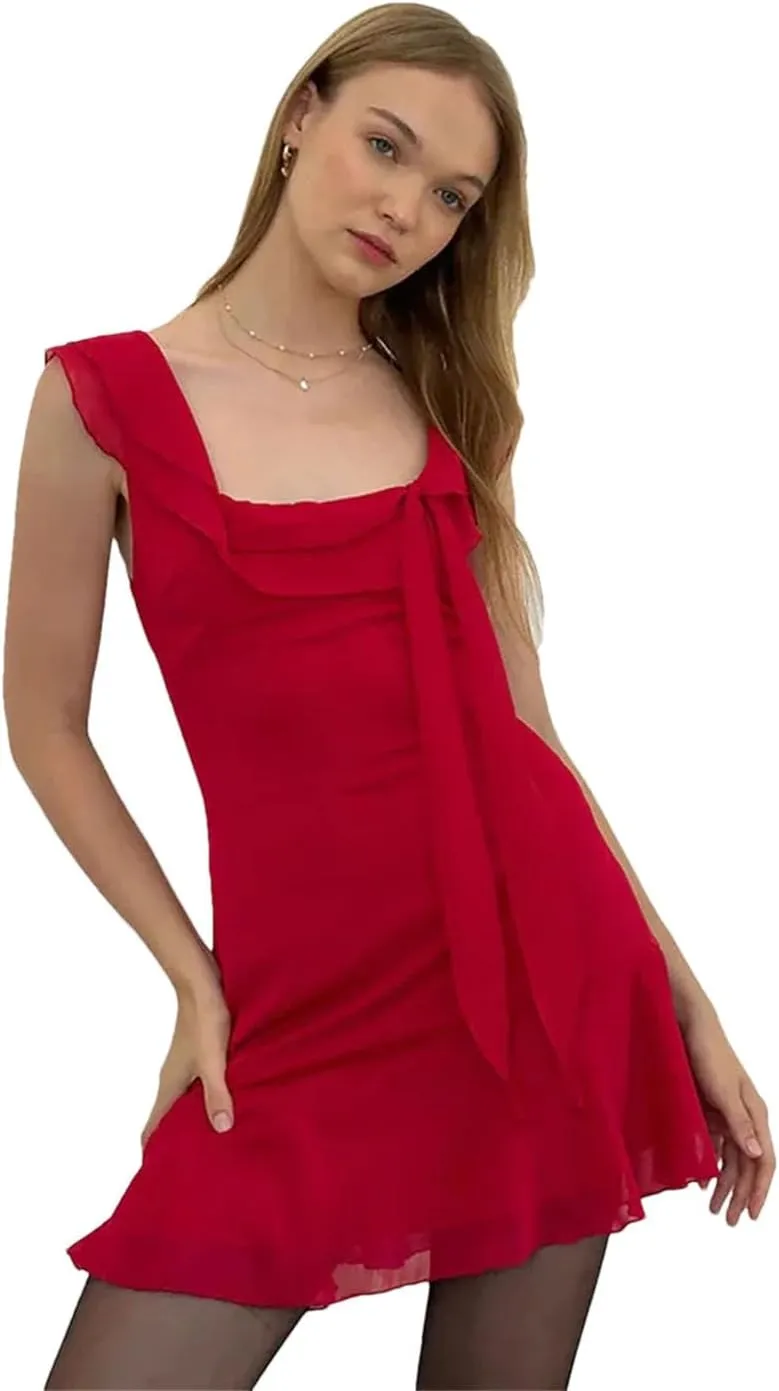 Women Square Collar Sleeveless Ruffles Mini Dress Party Beachwear Party Streetwear Clothing