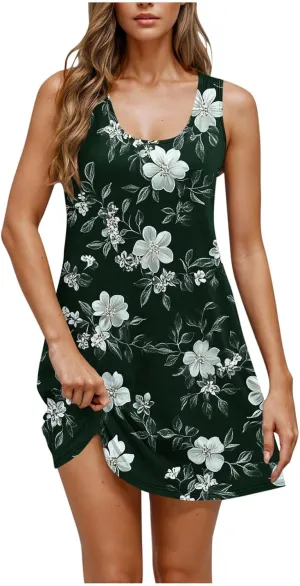 Women Summer Dress 2025 Loose V Neck Sleeveless Sundresses Swimsuit Coverup with Pocket Floral Tunic Mini Tank Dresses