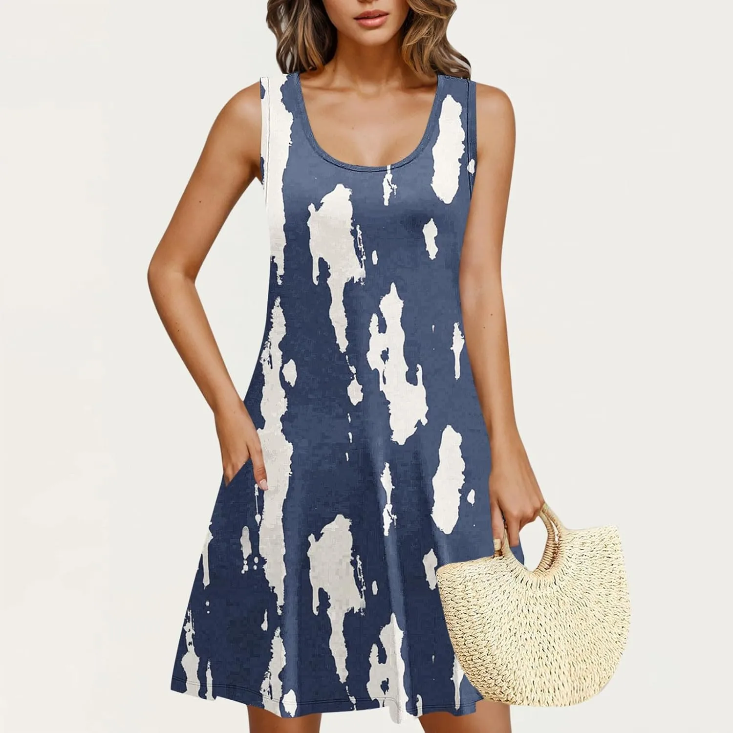 Women Summer Dress 2025 Loose V Neck Sleeveless Sundresses Swimsuit Coverup with Pocket Floral Tunic Mini Tank Dresses