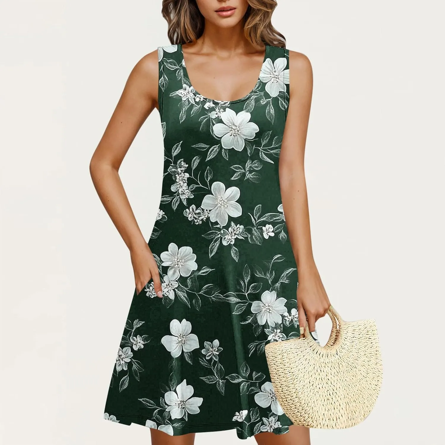 Women Summer Dress 2025 Loose V Neck Sleeveless Sundresses Swimsuit Coverup with Pocket Floral Tunic Mini Tank Dresses