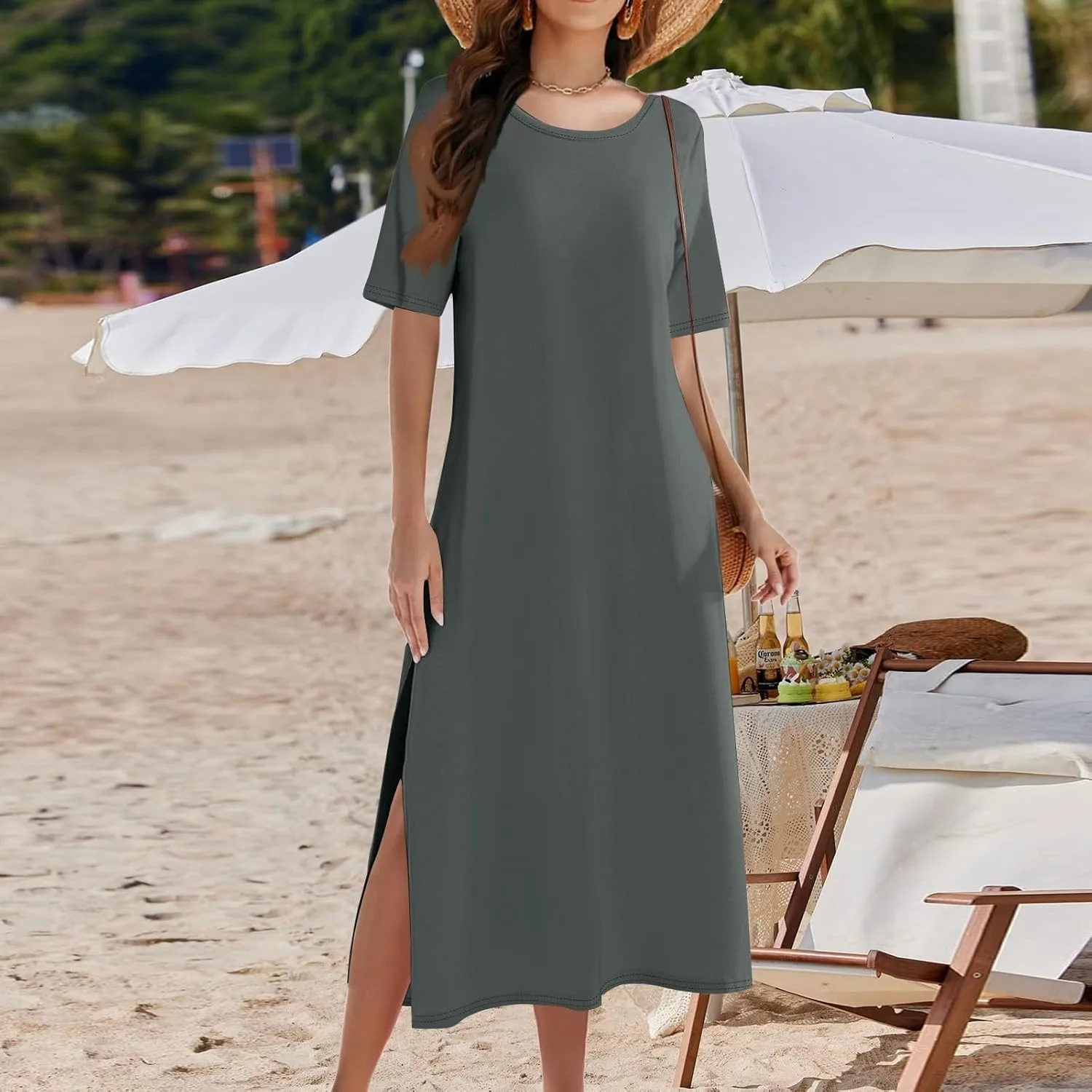 Women Summer Dresses Short Sleeve Round Neck Slit Hem Dress Solid Color Beach Vacation Sundress with Pockets