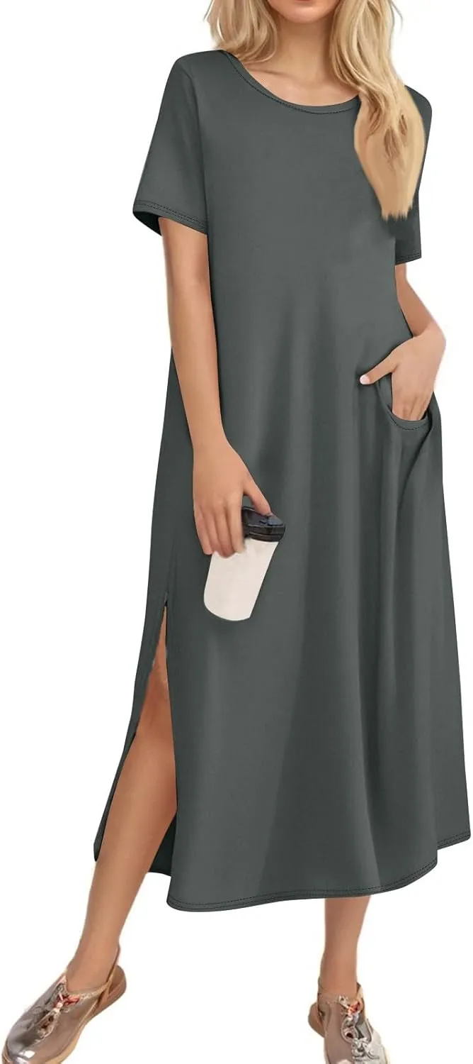 Women Summer Dresses Short Sleeve Round Neck Slit Hem Dress Solid Color Beach Vacation Sundress with Pockets