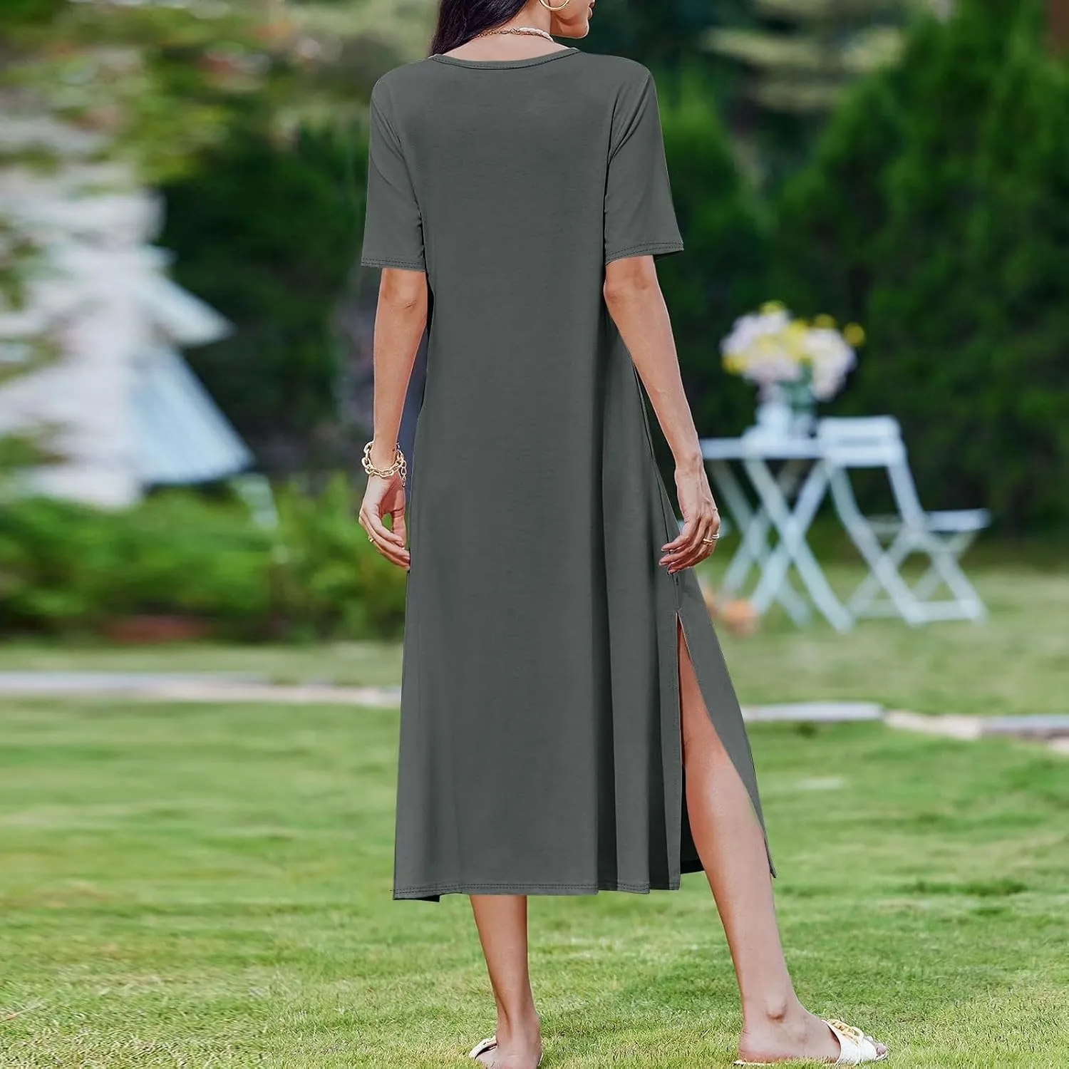 Women Summer Dresses Short Sleeve Round Neck Slit Hem Dress Solid Color Beach Vacation Sundress with Pockets