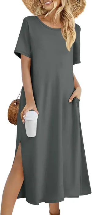Women Summer Dresses Short Sleeve Round Neck Slit Hem Dress Solid Color Beach Vacation Sundress with Pockets