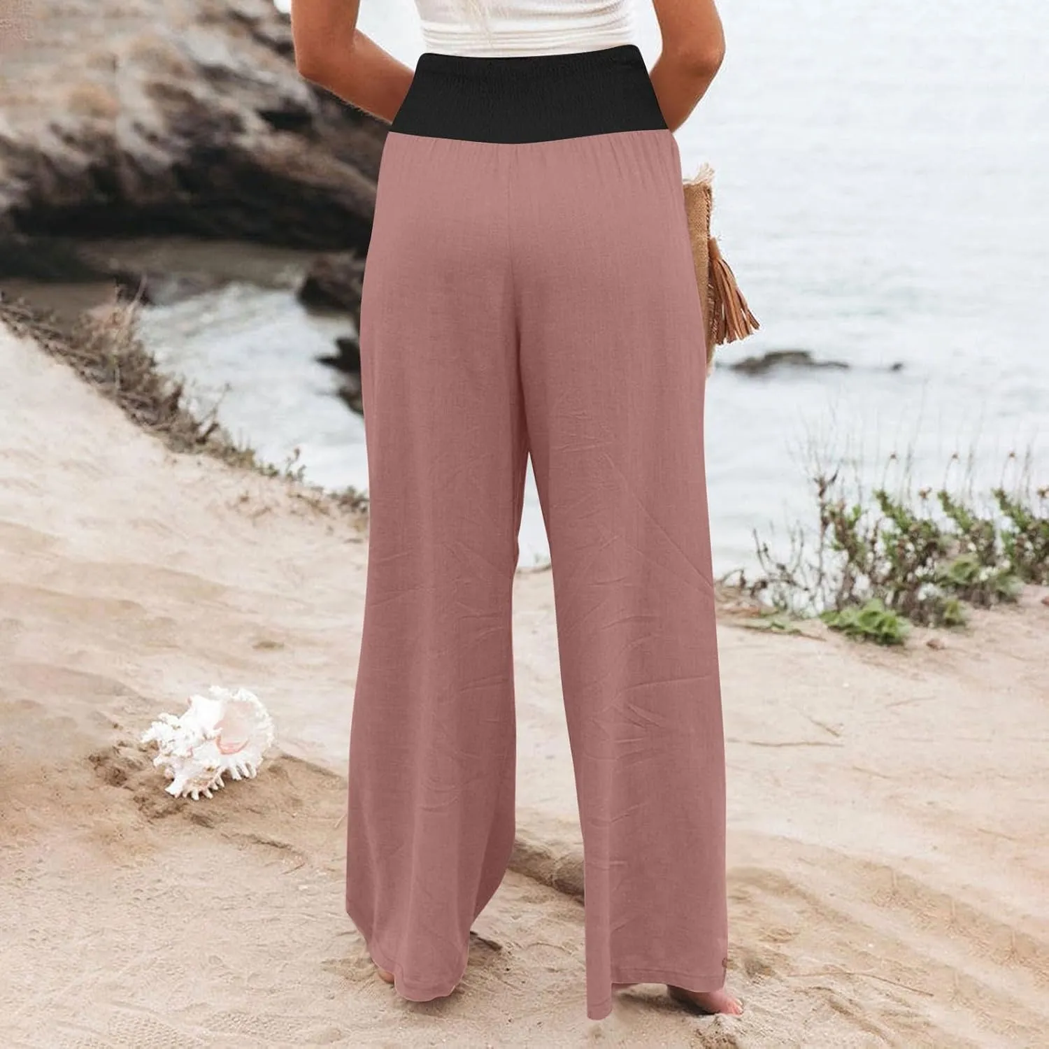 Women Summer High Waisted Cotton Linen Palazzo Pants High Waisted Wide Leg Pants Boho Lounge Trousers with Pocket
